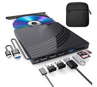 BPAKDU Unidad externa de CD/DVD para portátil con funda de transporte, reproductor de DVD para laptop, grabadora de CD portátil con 4 puertos USB, 2 ranuras para tarjetas TF/SD, lector de disco de CD