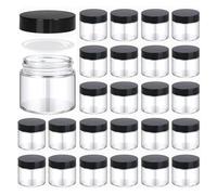 BPFY Paquete de 24 tarros redondos de vidrio transparente de 2 onzas con forro interior y tapas negras, tarros de viaje, recipientes recargables para maquillaje, crema, loción, exfoliantes de azúcar