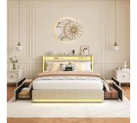 BPKADHY - Cama tapizada, 180 x 200 cm, cama doble juvenil con espacio de almacenamiento, 4 cajones, cabecero con led, USB-C, estructura con somier de madera, material de lino beis, sin colchón