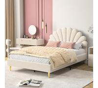 BPKADHY Cama tapizada para niños de 140 x 200 cm, cama individual con somier, cama con cabecero en forma de flor, cama doble juvenil con funda de tela de terciopelo, beige, sin colchón