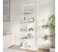 BPKADHY Vitrina de cristal con iluminación LED, vitrina de pie con 5 estantes de vidrio y 2 puertas de vidrio con cerradura, vitrina para salón, oficina, artículos de colección, libros, vino, color