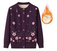 BPKKLLSU Cárdigan de Punto para Personas de Mediana Edad Y Mayores, Cuello Redondo, Forro Polar Grueso, Cárdigan con Estampado Floral para Abuela, Suéter Cálido para Madre, Abrigo, Chaqueta, Prima