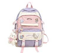 Bpoeee Cute Forest Style Backpack for Women, Large Capacity Aesthetic Travel Backpack with Bunny Pin, Plush Bear Pendant, Acrylic Charms, Multi Pocket Casual Daypack for Travel, Everyday Use (Purple)