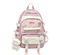 Bpoeee Cute Forest Style Backpack for Women, Large Capacity Aesthetic Travel Backpack with Bunny Pin, Plush Bear Pendant, Acrylic Charms, Multi Pocket Casual Daypack for Travel, Everyday Use (Pink)