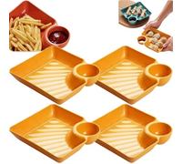 Bpoeee Dumpling Plate with Dipping Saucer, 4 Pack PP Plastic Japanese Dumpling Plates, Unbreakable Divided Plate with Sauce Compartment for Sushi, Picnic, Camping, Outdoor Party (Yellow)
