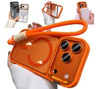 Bpoeee Magnetic Phone Case with Built-in Kickstand for iPhone, Anti-Yellowing Clear Back, Raised Lens & Screen Guard, Tactile Metal Buttons, Strong Magnetic Lock, with Lanyard (Orange,15)
