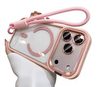 Bpoeee Magnetic Phone Case with Built-in Kickstand for iPhone, Anti-Yellowing Clear Back, Raised Lens & Screen Guard, Tactile Metal Buttons, Strong Magnetic Lock, with Lanyard (Pink,16PROMAX)