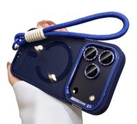 Bpoeee Magnetic Phone Case with Built-in Kickstand for iPhone, Anti-Yellowing Clear Back, Raised Lens & Screen Guard, Tactile Metal Buttons, Strong Magnetic Lock, with Lanyard (Dark Blue,17PRO)