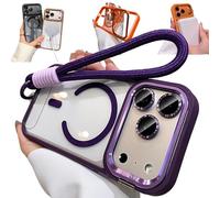 Bpoeee Magnetic Phone Case with Built-in Kickstand for iPhone, Anti-Yellowing Clear Back, Raised Lens & Screen Guard, Tactile Metal Buttons, Strong Magnetic Lock, with Lanyard (Dark Purple,16PROMAX)