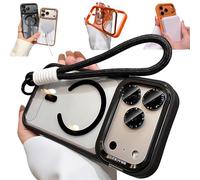 Bpoeee Magnetic Phone Case with Built-in Kickstand for iPhone, Anti-Yellowing Clear Back, Raised Lens & Screen Guard, Tactile Metal Buttons, Strong Magnetic Lock, with Lanyard (Black,17)