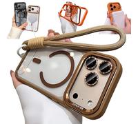 Bpoeee Magnetic Phone Case with Built-in Kickstand for iPhone, Anti-Yellowing Clear Back, Raised Lens & Screen Guard, Tactile Metal Buttons, Strong Magnetic Lock, with Lanyard (Gold,12PRO)
