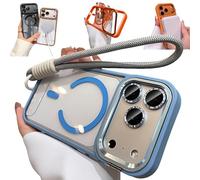 Bpoeee Magnetic Phone Case with Built-in Kickstand for iPhone, Anti-Yellowing Clear Back, Raised Lens & Screen Guard, Tactile Metal Buttons, Strong Magnetic Lock, with Lanyard (Blue,13)