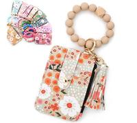 Bpoeee Women's Boho Beaded Wallet with Flower Pattern, Women Boho Style Beaded & Tassel Decorated Keychain, Credit Card Holder Purse (Khaki)