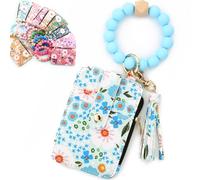 Bpoeee Women's Boho Beaded Wallet with Flower Pattern, Women Boho Style Beaded & Tassel Decorated Keychain, Credit Card Holder Purse (Light Blue)