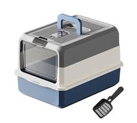 BPS Caja de Arena Cerrada para Gatos con Tapa, Arenero Antiodor de Gran Capacidad 50×35×32 cm, Entrada Frontal Transparente, Fácil de Limpiar con Pala Incluida (Gris + Azul) BPS-8823GR