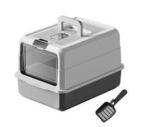 BPS Caja de Arena Cerrada para Gatos con Tapa, Arenero Antiodor de Gran Capacidad 50×35×32 cm, Entrada Frontal Transparente, Fácil de Limpiar con Pala Incluida (Blanco + Gris) BPS-8823BL