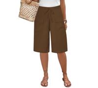 BQDPYZBD Pantalones Cortos para Mujer con Cintura Elástica Y Pierna Ancha hasta La Rodilla Bolsillos-marrón-3xl