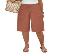 BQDPYZBD Pantalones Cortos para Mujer con Cintura Elástica Y Pierna Ancha hasta La Rodilla Bolsillos-Rojo Anaranjado-2xl