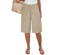 BQDPYZBD Pantalones Cortos para Mujer con Cintura Elástica Y Pierna Ancha hasta La Rodilla Bolsillos-caqui-5xl