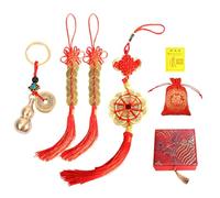 BQLYblink 4 Feng Shui Monedas de Suerte de Nudo Chino Wu Lou de Latón de Feng Shui con Llaveros de Monedas para Seguridad Riqueza Suerte con 1 Tarjeta de Bendición y 1 Bolsa Roja 1 Caja de Tela