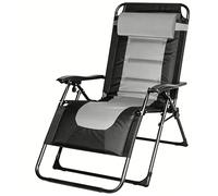 BQSWYD Tumbona plegable para jardín, balcón, resistente a la intemperie, con cojín cervical ajustable y soporte para bebidas, hasta 200 kg, tumbona para exteriores, jardines, playa (gris)