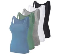 BQTQ 5 Piezas Camisetas Mujer Camiseta sin Mangas Camisetas Tirantes con Cuello Cuadrado Crop Top Deportivas Tank Top Basicas Camisola, Negro, Blanco, Gris, Azul Aciano, Azul Cadete, L