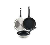 BRA Antistick Inox | Set 3 sartenes 18/22/26 cm, exterior acero inoxidable 18/10, interior recubierto de antiadherente tricapa, libre de PFOA, apta para todo tipo de cocinas, incluida inducción