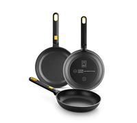 BRA Daily Pro Set 3 sartenes aluminio fundido 20-24-28 cm antiadherentes tricapa sin PFOA, aptas para todo tipo de cocinas e inducción, Color Negro Y Amarillo