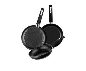 BRA Design Set de 3 sartenes de aluminio forjado con antiadherente, 18|22|26 cm, aptas para todo tipo de cocinas incluida inducción y vitrocerámica, Color Negro