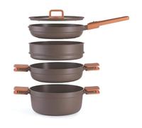 BRA Juego de 5 sartenes apilables antiadherentes para inducción con sartén de 24 cm, ollas altas y poco profundas, vaporera y tapa de vidrio templado. Juego de sartenes Compac Pro de aluminio fundido.