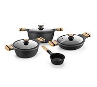 BRA Market | Batería de cocina 7 piezas, aluminio fundido, antiadherente sin PFOA, full induction, apto para todo tipo de cocinas incluida la inducción, pomo de madera de haya, cuerpo apto para horno