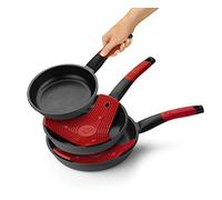 BRA Premiere Set de 3 sartenes, aluminio fundido antiadherente, aptas para todo tipo de cocinas, incluido inducción, Color Negro Con Silicona Roja, 18|22|26 cm