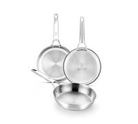 BRA Signature - Juego de 2 sartenes de 24 y 28 cm, acero inoxidable 18/10, sin revestimiento antiadherente, base difusora triple, apto para todo tipo de cocinas y placas de inducción, acabado pulido