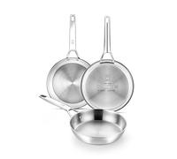 BRA Signature | Set 3 Sartenes 20-24-26 cm, Acero Inoxidable 18/10 | Acero Inox 18/10 Profesional Sin Antiadherente, Triple Fondo Difusor Apto Todo Tipo De Cocinas E Inducción, Acabado Pulido
