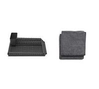 Brabantia Escurreplatos, Gris Oscuro, 49.2 x 38.6 x 14.2 cm + Paños de Cocina de Microfibra, Gris Oscuro, Set de 2