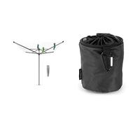 Brabantia Lift-O-Matic Tendedero de Jardín con Soporte, Acero Inoxidable, Gris Metalizado, 60 m de Cuerda + Bolsa para Pinzas, Negro, 0 cm