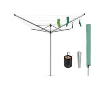 Brabantia Lift-O-Matic Tendedero de Paraguas con Accesorios, 50 m | Incluye Soporte de 45 mm, Funda y Bolsa Portapinzas, Altura Regulable 129-187 cm, Resistente a los Rayos UV, Metallic Grey