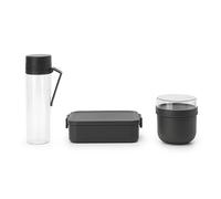Brabantia - Make & Take Set Hermético de Desayuno & Comida para Llevar - Botella de Agua 0,5L, Bol de Desayuno 0,5L & Fiambrera Mediana - Espacio para Bocadillos - Apto para Lavavajillas - Gris oscuro