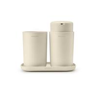 Brabantia - ReNew Juego de 3 Accesorios de Baño - Dispensador de Jabón, Soporte para Cepillo de Dientes & Bandeja - Mecanismo de Bombeo Antigoteo - Resistente a la Corrosión - Soft Beige