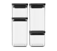 Brabantia tasty + set de 4 botes apilables cuadrados de plástico transparente, 2 x 0.7 l, 2 x 1.6 l, tapa dark grey