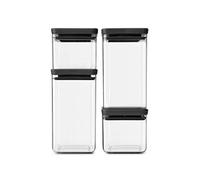 Brabantia tasty + set de 4 botes apilables cuadrados de plástico transparente, 2 x 0.7 l, 2 x 1.6 l, tapa dark grey