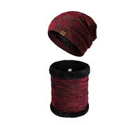 BRABOSTON Conjunto de bufanda y gorro de punto grueso y cálido con forro polar para conducir, ciclismo, para hombre, calentador de cuello y forro polar, rojo vino, Talla única