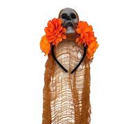 BRABOSTON Delicada diadema de flores y calaveras, diadema lateral delgada con forma de flor para niñas, Halloween, decoración de velo, diadema de Halloween