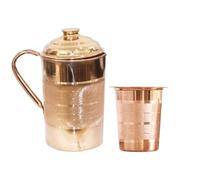 BRACOP Juego de jarra y vaso de agua de cobre puro Recipiente ayurvédico de cobre 100% auténtico y hecho a mano con tapa Jarra para beber agua y vaso tipo Moscow Mule con tapa