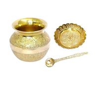 BRACOP® para Pooja Olla Kalash India con Plato de Flores y Cuchara Juego de 3 Jarra de Cobre Samagri para Pooja hindú Olla Kalash para Agua Lota utensilio para Servir Cuchara Hecha a Mano Olla Agua.