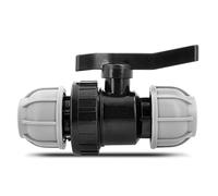 BRADAS® Válvula de bola de polietileno, 2 compartimentos de 20 mm x 20 mm, válvula de abrazadera, PN 10 bar, válvula de bola, válvula de cierre con rosca en ambos lados para tubos de polietileno,