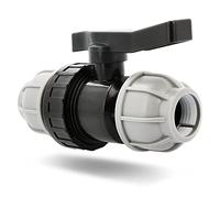 BRADAS® Válvula de bola de polietileno, 2 compartimentos de 32 mm x 32 mm, válvula de apriete PN 10 bar, válvula de bola, válvula de cierre con rosca en ambos lados para tubos de polietileno, riego