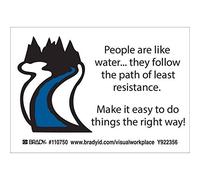 Brady 110750 Lean etiqueta de poliéster autoadhesiva, negro sobre blanco, 3.5 pulgadas de alto x 5 pulgadas de ancho, leyenda "People Are Like Water.. Siguen el camino de la menor resistencia. Make It Easy To Do Things The Right Way!" (10 etiquetas por paquete)