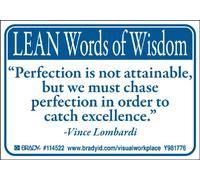 Brady 114522, B302 3.5 pulgadas alto x 5 pulgadas ancho azul/blanco 10/paquete, 3.5 pulgadas de alto x 5 pulgadas de ancho, azul sobre blanco, leyenda "Lean Words of Wisdom "La perfección no es alcanzable, pero debemos perseguir la perfección para atrapar la excelencia"" (10 por paquete)