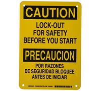 Brady 125409 Señal bilingüe, leyenda"Lock-Out for Safety Before You Start. 10 pulgadas de altura, 7 pulgadas de ancho, color negro sobre amarillo